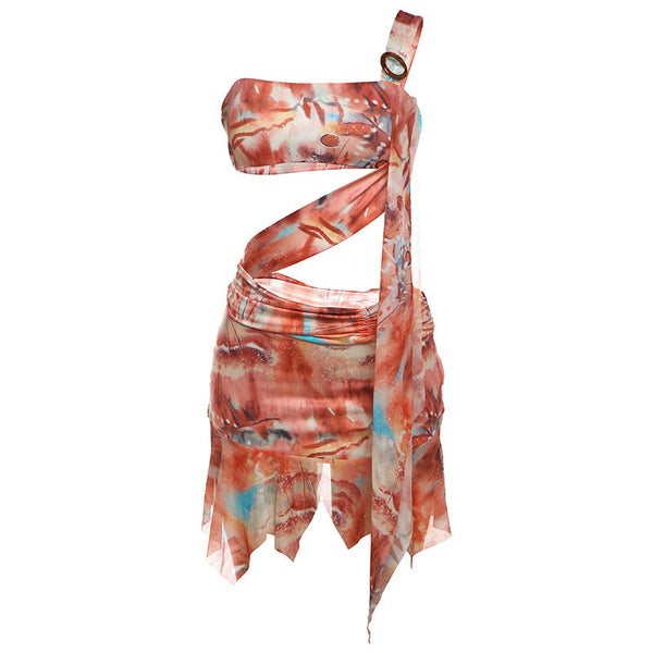 One shoulder irregular hollow out mini dress