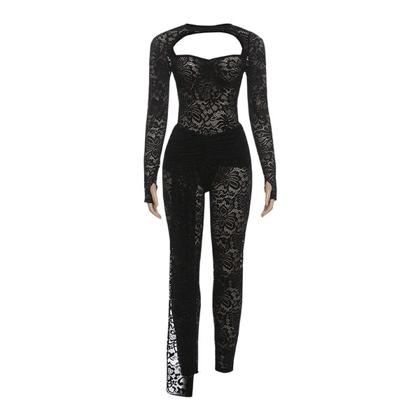 Long sleeve ruched hollow out lace pant set