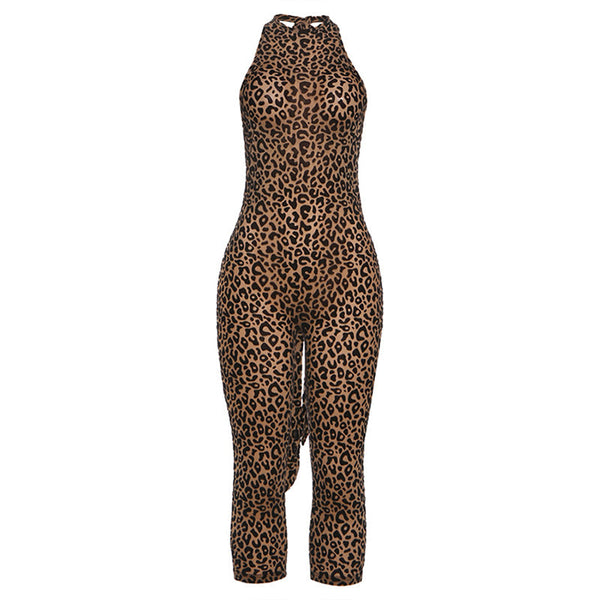 Halter backless leopard print jumpsuit