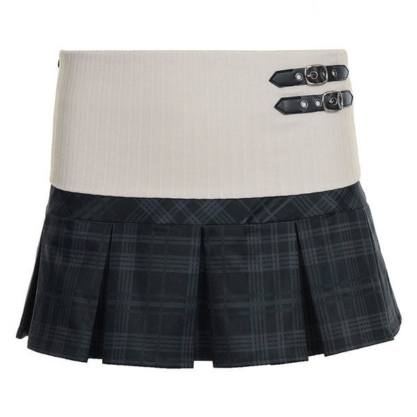 Pleated plaid zip-up mini skirt