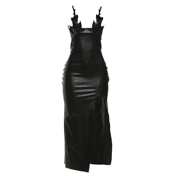 PU leather slit backless maxi dress