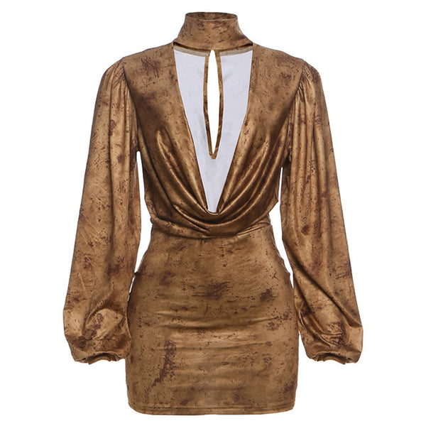 Cowl neck long sleeve high neck ruched mini dress