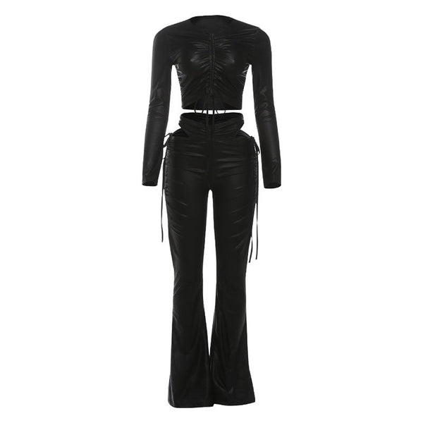 Long sleeve drawstring PU leather hollow out pant set