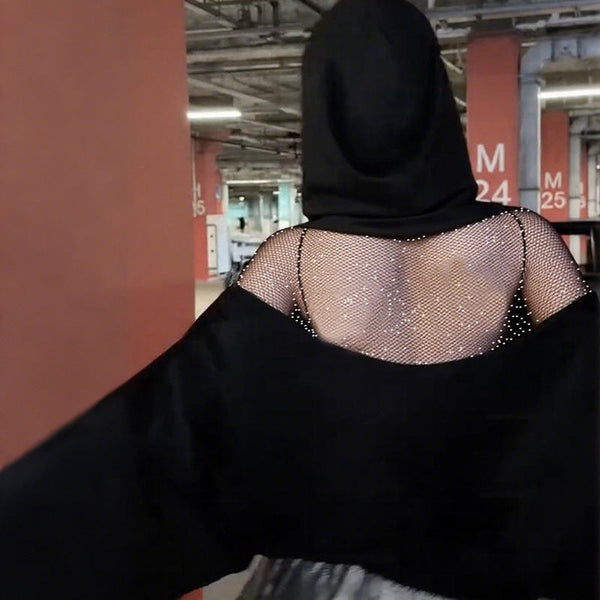 Hoodie long sleeve zip-up fishnet top