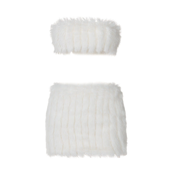 Fluffy backless tube mini skirt set