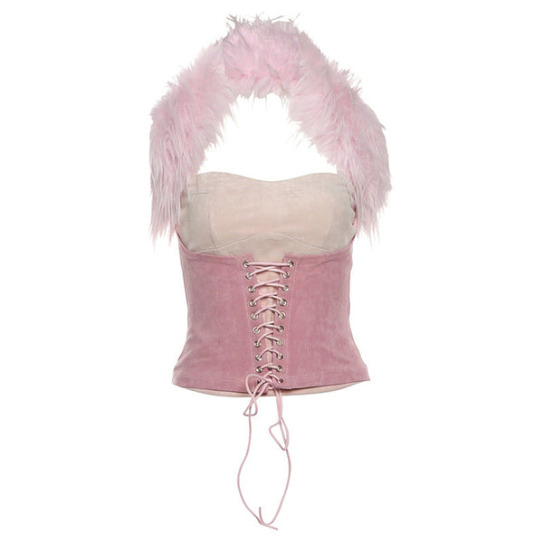 Halter lace up fluffy top