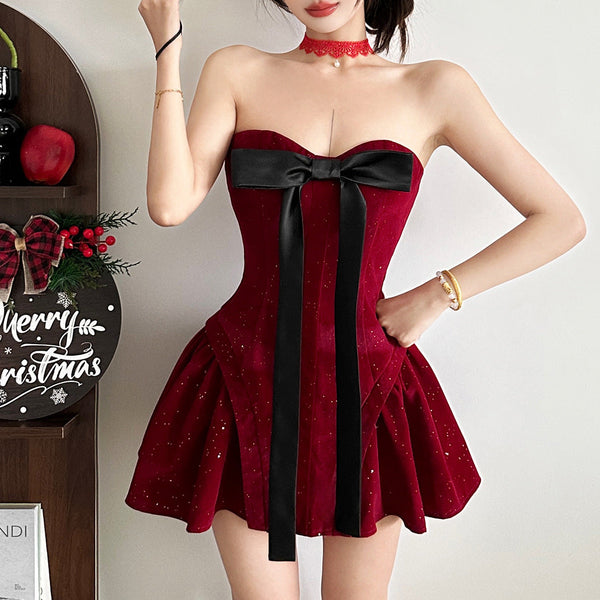 Sweetheart neck bowknot glitter mini dress
