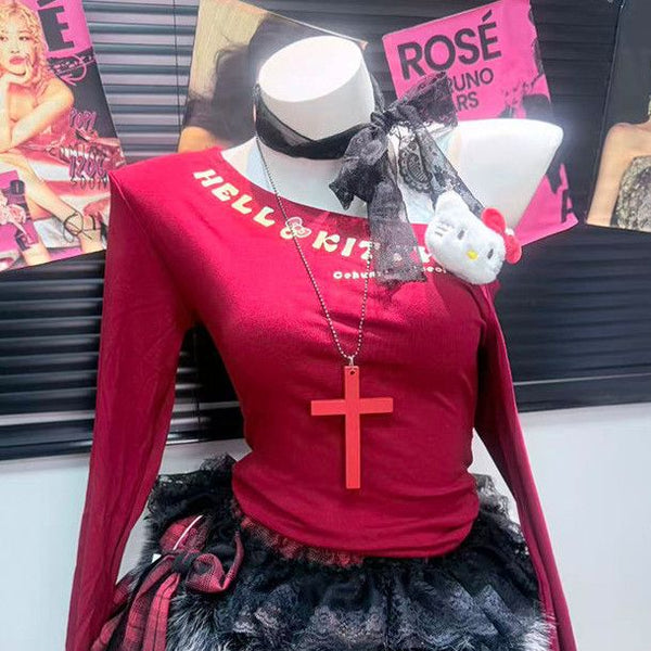 Long sleeve letter pattern irregular one shoulder top