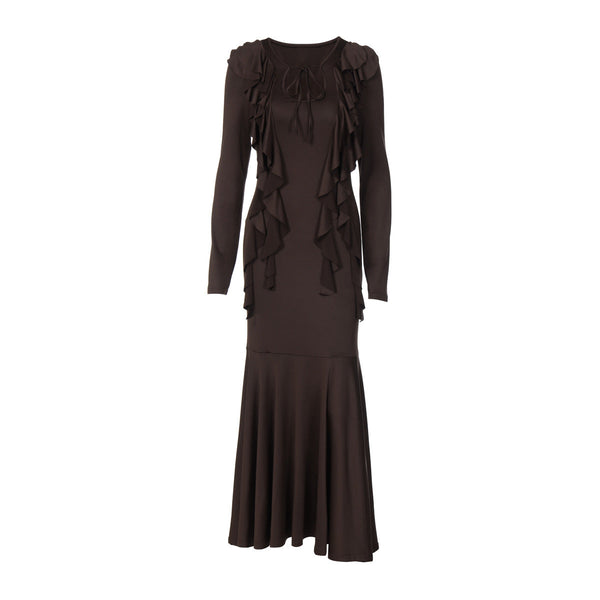 Long sleeve ruffle self tie solid maxi dress