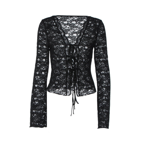 V neck long sleeve lace see through self tie top