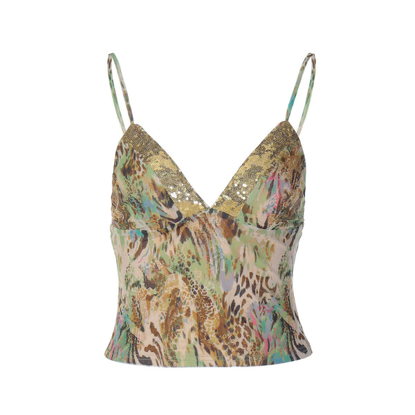 Glitter v neck print backless cami top