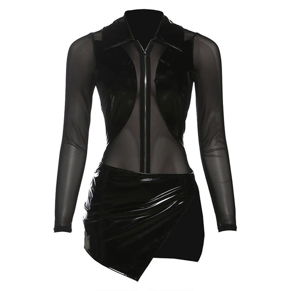 Long sleeve turnover collar PU leather mini skirt set
