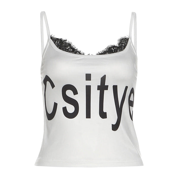 U neck lace hem letter print cami top