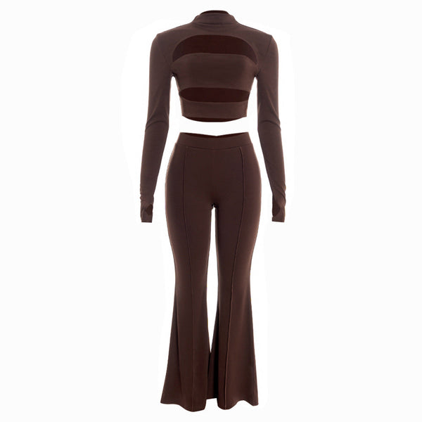 Hollow out long sleeve gloves low rise pant set