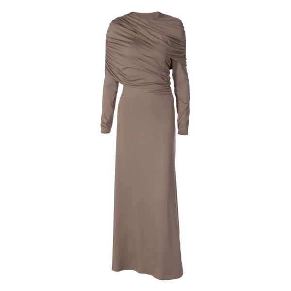 Long sleeve ruched irregular crewneck maxi dress
