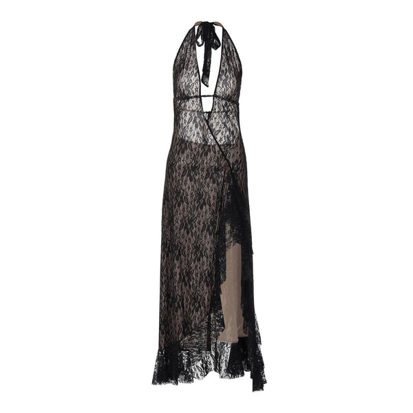 Halter self tie lace slit hollow out maxi dress