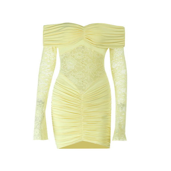 Off shoulder long sleeve ruched lace mini dress