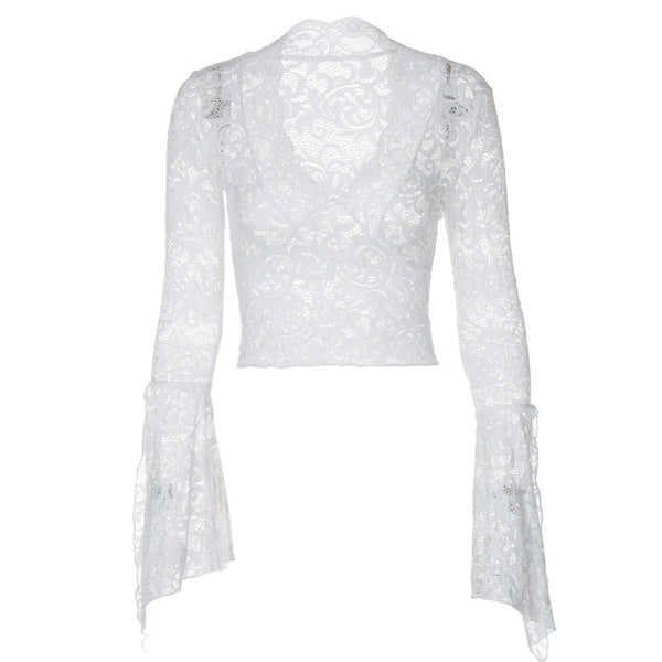 Long flared sleeve lace v neck see through top