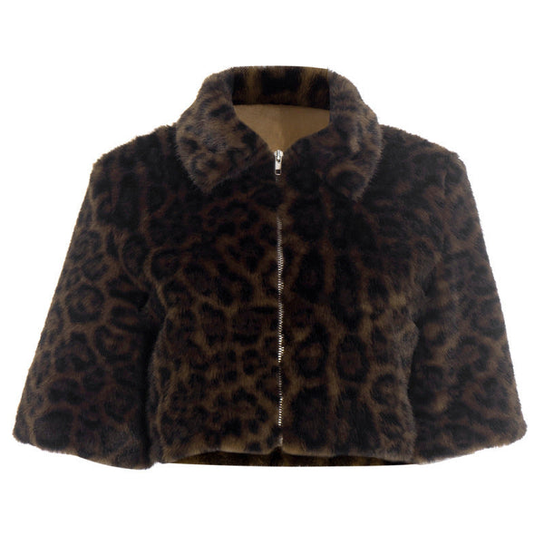 Turnover collar zip-up leopard print fluffy top