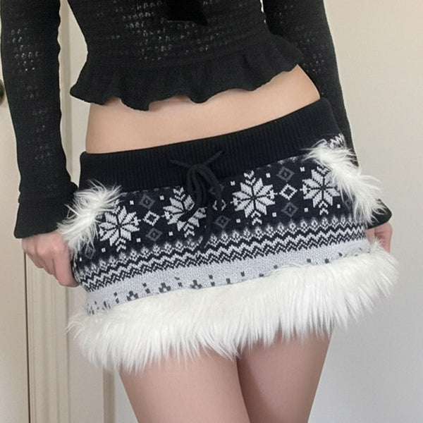 Drawstring fluffy print contrast mini skirt