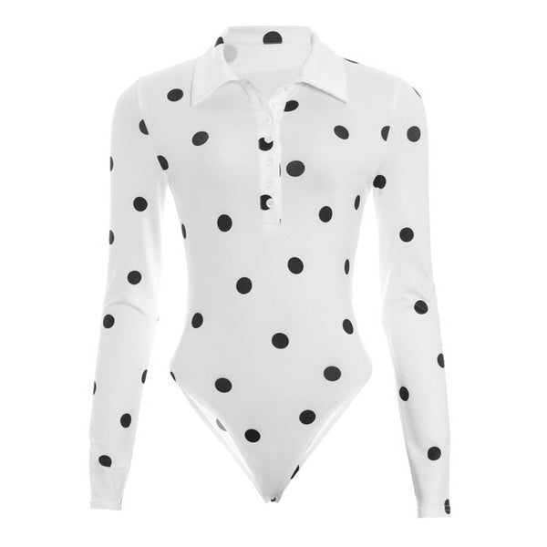 Polka dot long sleeve turnover collar button bodysuit