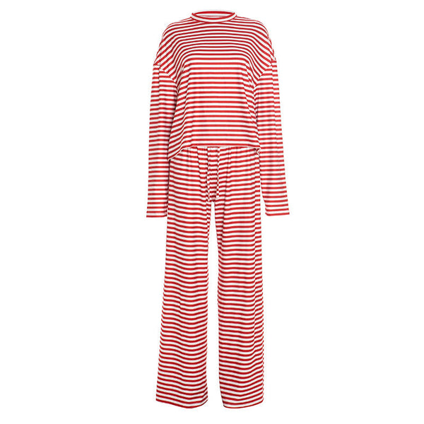 Striped print crewneck drawstring medium rise pant set