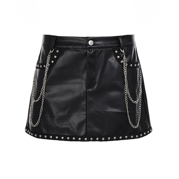 Metal chain zip-up PU leather pocket mini skirt