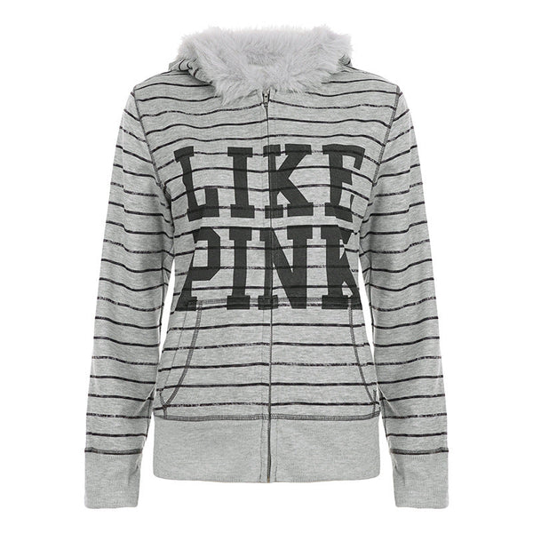 Hoodie fluffy long sleeve zip-up "LIKE PINK" pattern top