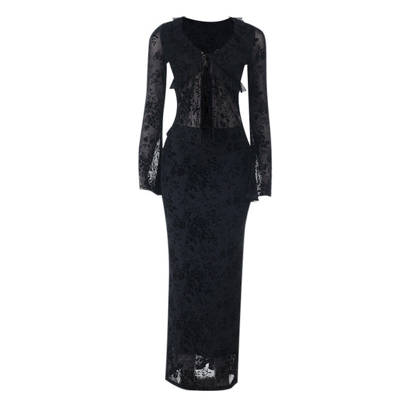 Long sleeve v neck lace self tie ruffle maxi skirt set