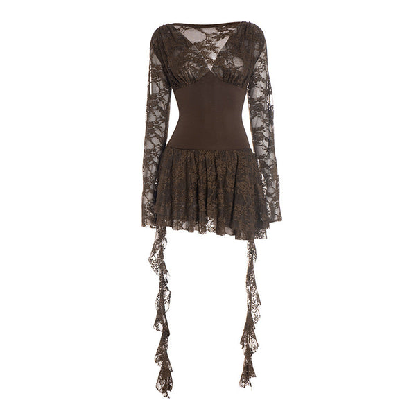 Lace long sleeve v neck hollow out mini dress