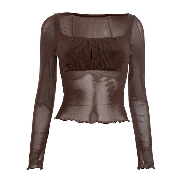 Square neck ruffle long sleeve ruched mesh top