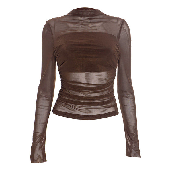 Ruched mesh long sleeve crewneck top