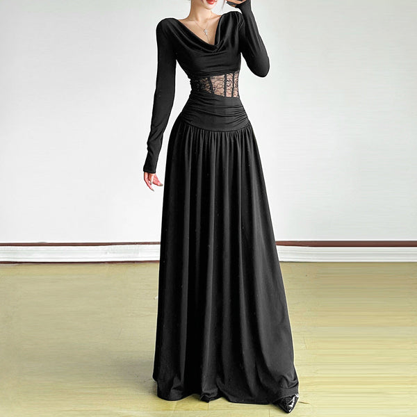 Long sleeve cowl neck lace ruched maxi dress
