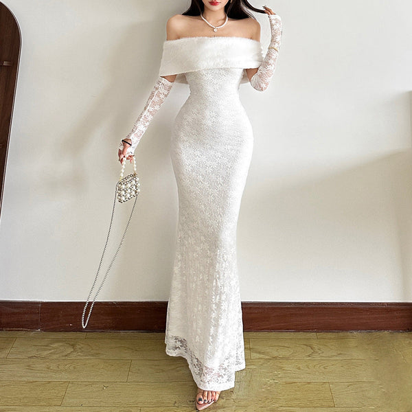 Off shoulder long sleeve lace solid maxi dress