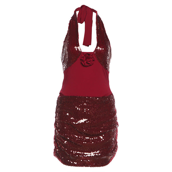 Glitter flower applique halter self tie mini skirt set