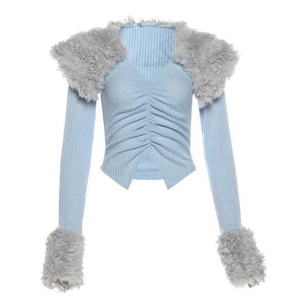 Ruched long sleeve fluffy v neck top