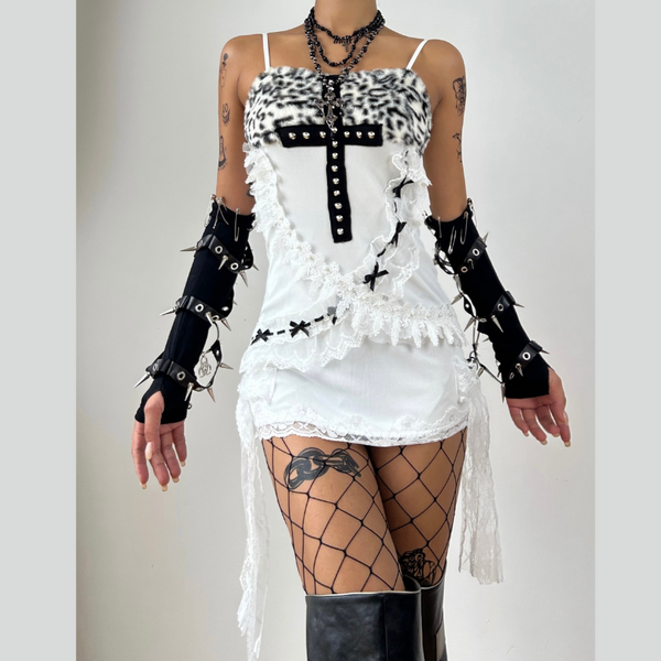 Leopard print cross pattern ruffle cami mini dress