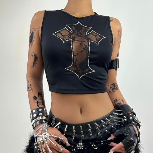 Beaded crewneck sleeveless cross lace top