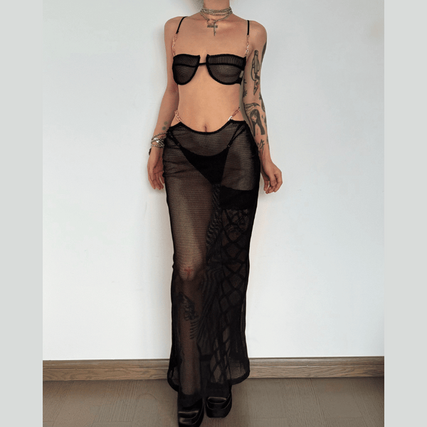 See through bowknot knotted hollow out cami maxi skirt set