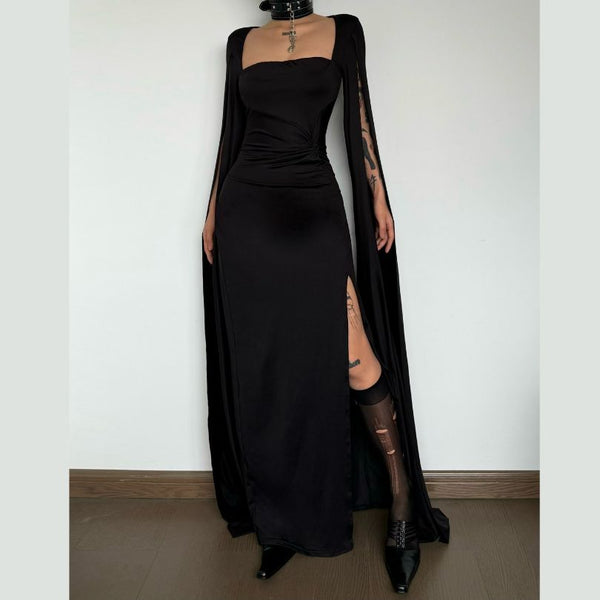 Long sleeve high slit square neck ruched maxi dress