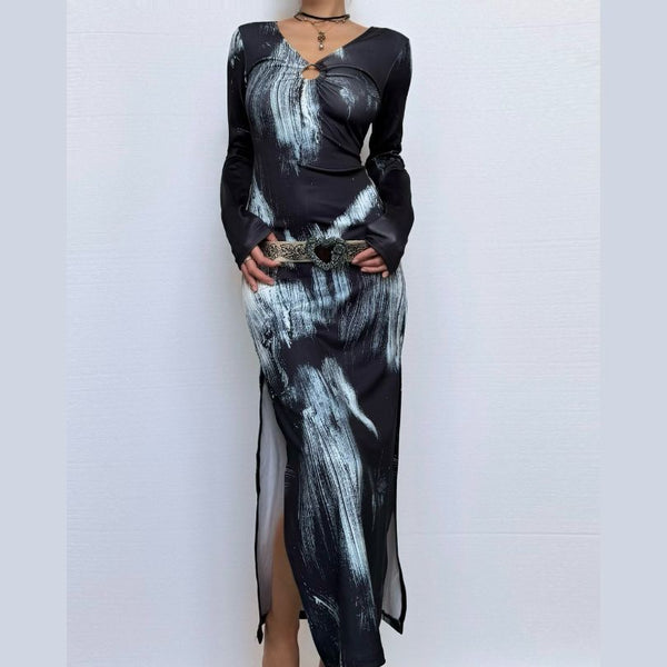 Long sleeve v neck tie dye high slit maxi dress