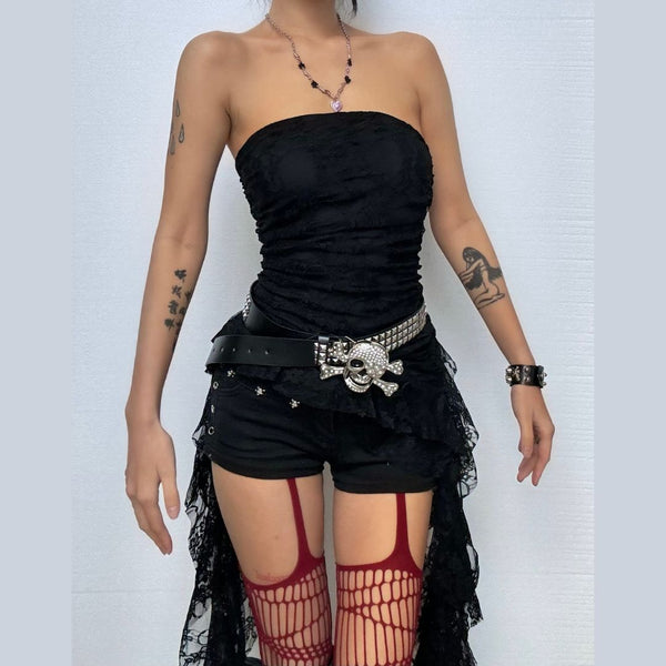 Ruched irregular lace backless tube top