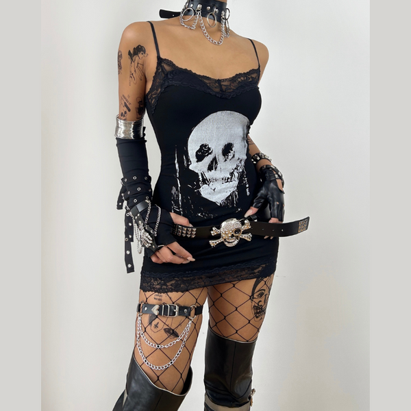 Skull print lace hem cami mini dress
