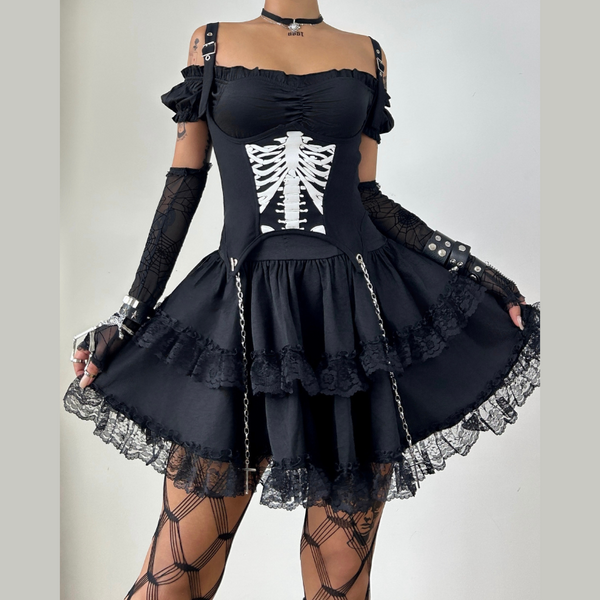 Lace hem off shoulder smocked ruched mini dress