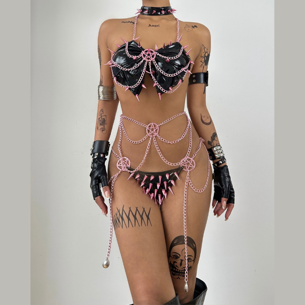 Metal chain rivet applique cross front pant set