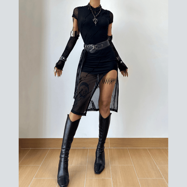 Crewneck short sleeve slit mesh midi dress