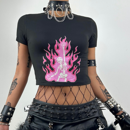 Camiseta para bebés Inclinada con estampado de esqueleto de fuego rosa 