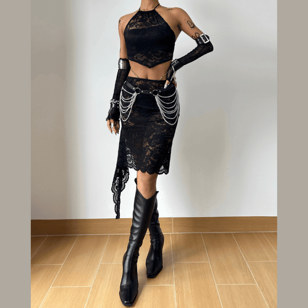 Lace see through halter self tie mini skirt set