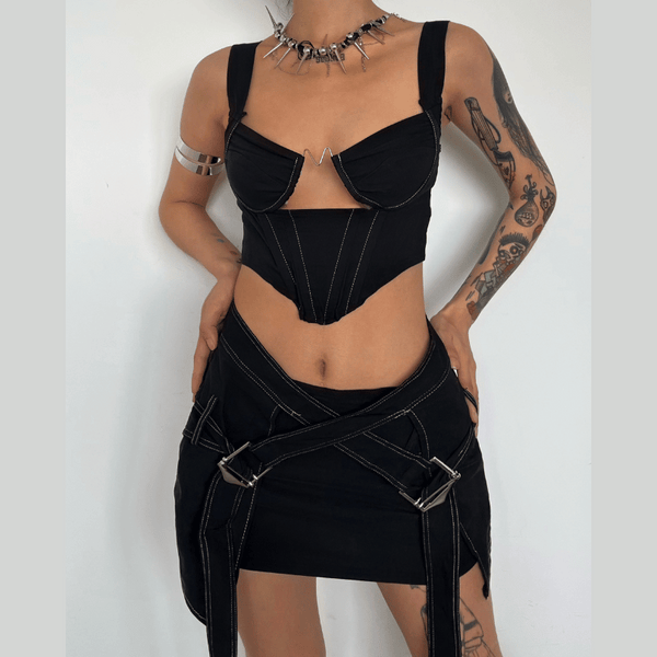 Hollow out stitch cross front zip-up cami mini skirt set