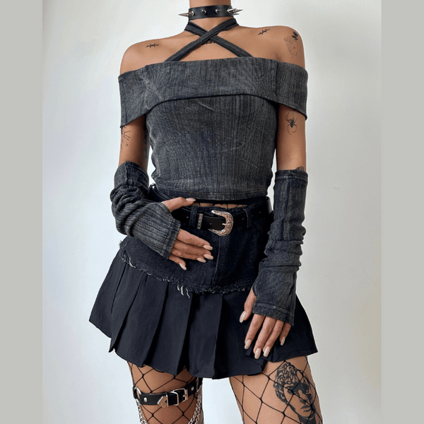 Off shoulder denim raw hem mini skirt set